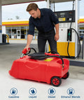 16 Gallon Rolling Gas Caddy With 10 Ft Manual Siphon Pump Hella Durable HDPE Fuel Tank in use at gas station