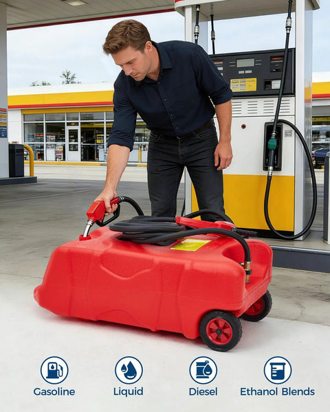 16 Gallon Rolling Gas Caddy With 10 Ft Manual Siphon Pump Hella Durable HDPE Fuel Tank in use at gas station