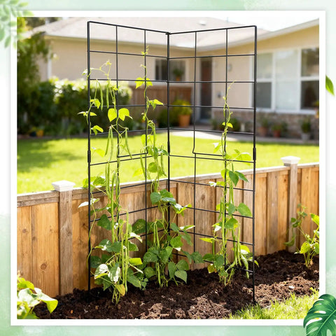 Foldable Two Panel Garden Trellis for Climbing Plants installed in a raised bed, supporting growing vines, outdoor view