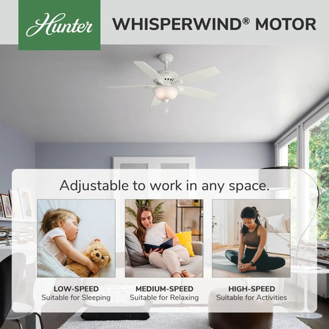 52 Inch Indoor Ceiling Fan With Crisp LED Light And Bulbs Included, White Finish, Pull Chain Control in a modern living room