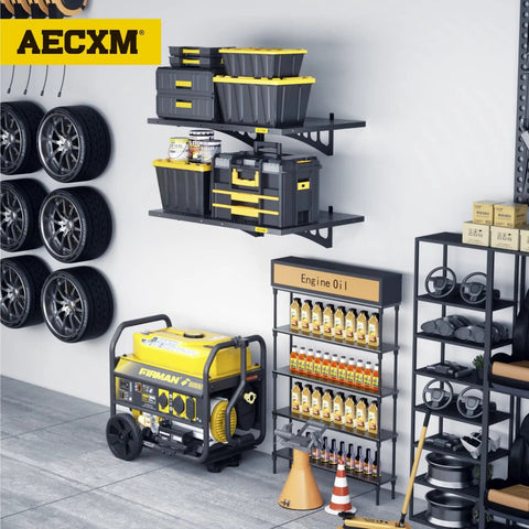 Heavy Duty Garage Wall Shelving Set 2-Pack 2x3ft Adjustable Metal Shelves with tools and storage boxes mounted on workshop wall