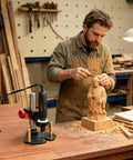 Woodworker using Sturdy Rotary Tool Stand For A Stable Drill Press Makeover with Pro Grade Adjustable Vertical Guide and aluminum base.