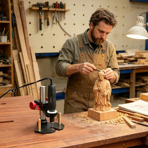 Woodworker using Sturdy Rotary Tool Stand For A Stable Drill Press Makeover with Pro Grade Adjustable Vertical Guide and aluminum base.
