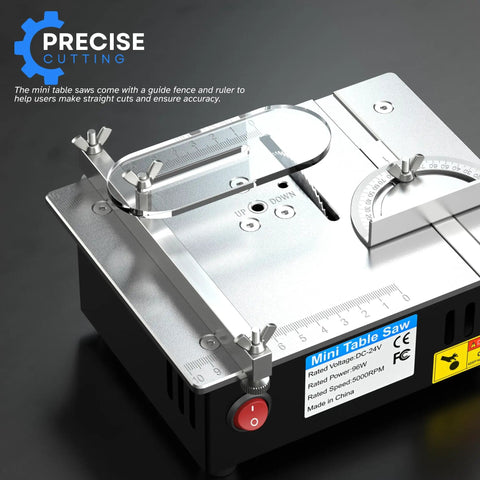 96W Precise Mini Table Saw For DIY Woodworking And Hobby Projects, Adjustable Cut Depth And Angle, Four Blades Included