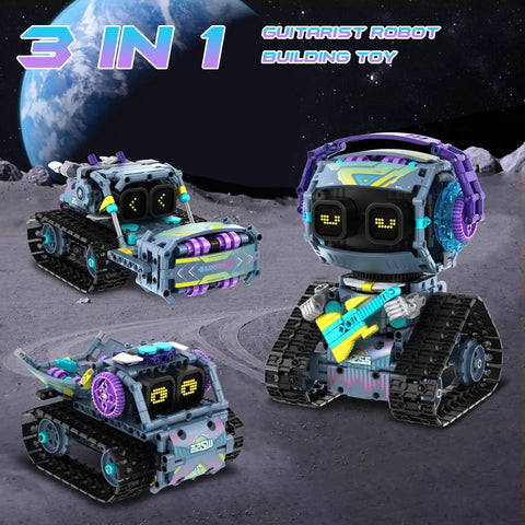 3In1 Remote And App Controlled STEM Robot Building Kit For Kids 6 To 14 433 Pcs Building Blocks Set With LED Dynamic Eyes And Fun Sounds Build A Rock Robot Truck Or Road Roller Perfect Gift For Boys And Girls. 3-in-1 guitarist robot and tracked models