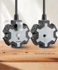 Heavy Duty 15 Feet Extension Cord With Five Outlet Power Hub For Workshop And Job Sites Fo Sho Reliable Overload Protection Built In Circular Layout Fits Bulky Plugs Straight Up Essential Gear, close-up of power hub with dimensions.