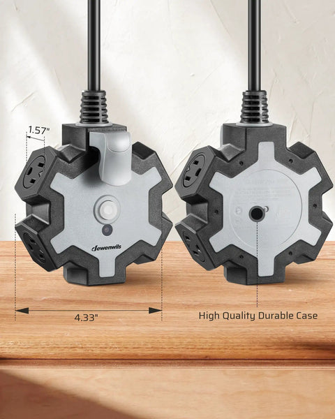 Heavy Duty 15 Feet Extension Cord With Five Outlet Power Hub For Workshop And Job Sites Fo Sho Reliable Overload Protection Built In Circular Layout Fits Bulky Plugs Straight Up Essential Gear, close-up of power hub with dimensions.