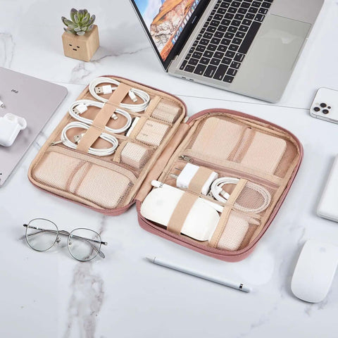 Hassle Free Travel Cable Caddy For Tech Gear And Electronic Accessories Featuring Huge Capacity Custom Pockets organized with cables and power banks inside.