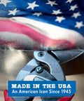 Left Cut Offset Aviation Snips Pro Grade For Straight And Tight Left Cuts, Stainless Steel Blades, USA flag background
