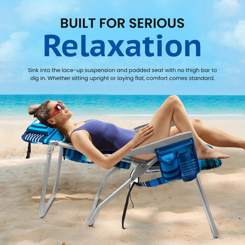 Person relaxing on Folding Tall Backpack Beach Chair With Five Positions Towel Bar Cooler Storage in High Tide Blue