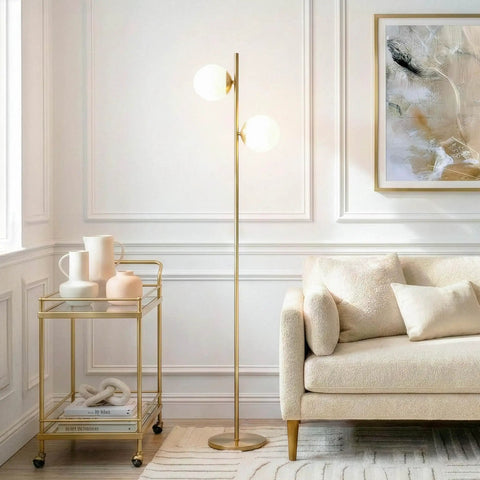 Sphere Floor Lamp With Two Glass Globes, Mid Century Modern Pole Light For Living Room, Bright LED Standing Lamp For Bedroom And Office With Cozy Vibes, Contemporary Decor In Gold Antique Brass Finish, Echo Compatible