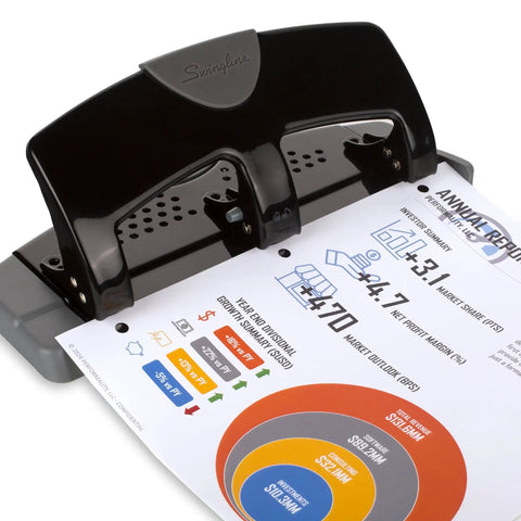No Sweat Heavy Duty Three Hole Puncher With 20 Sheet Capacity Solid Steel Frame in use with document highlighting ergonomic grip.