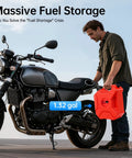 Man holding 5 Liter Fuel Storage Tank With Bleed Valve And Transfer Pump, Portable Gas Jug next to motorcycle.