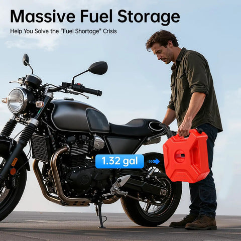 Man holding 5 Liter Fuel Storage Tank With Bleed Valve And Transfer Pump, Portable Gas Jug next to motorcycle.