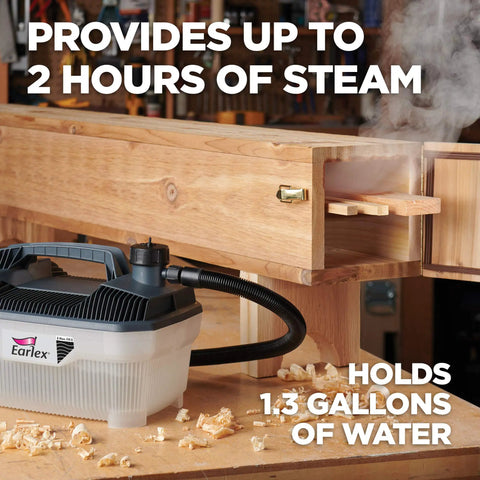 Pro Grade Wood Bending Steam Generator with 1.3 Gallon Tank and 12 Foot Hose in use, connected to wooden steam box in workshop.