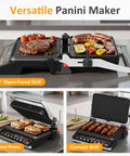 Kick Up Your Dinner Game With This Badass 3-In-1 Electric Grill Indoor featuring a 180° open-faced grill with sausages, veggies, and steak.