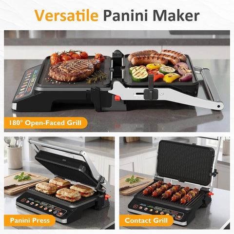 Kick Up Your Dinner Game With This Badass 3-In-1 Electric Grill Indoor featuring a 180° open-faced grill with sausages, veggies, and steak.