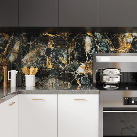 Slate Gold Marble Countertop Contact Paper Peel And Stick Self Adhesive Vinyl Waterproof DIY Friendly Glossy Finish for a modern kitchen.