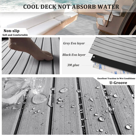 Illustration of EVA Foam Boat Decking With 3M Self Adhesive Backing Faux Teak Marine Flooring Non Slip Pad features and benefits