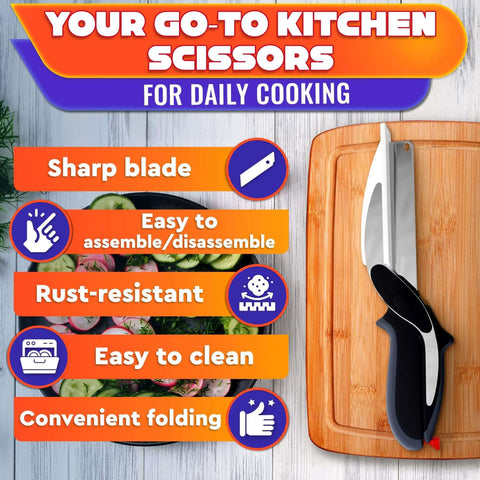 2 In 1 Kitchen Scissors For Food With Stainless Steel Blade And Plastic Cutting Board Safety Lock 9.5 Inch Tomato Knife shown on wood board