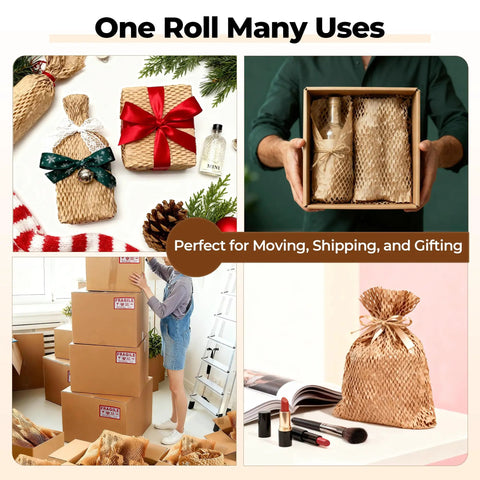 Eco Friendly Honeycomb Packing Paper Roll Pro Grade 12 Inch By 200 Foot Biodegradable Kraft Cushioning For Moving And Shipping Recyclable Packaging Substitute For Bubble Wrap Includes 20 Fragile Sticker Labels used for packaging gifts and bottles, shown in different packing scenarios.