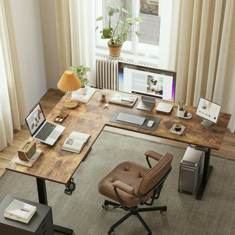 Electric Adjustable L Shaped Standing Desk 63 By 55 Inches Corner Sit Stand Computer Table with Rustic Brown Finish in home office
