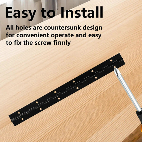 Top Shelf 4 Pack 12 Inch Black Piano Hinges Heavy Duty Continuous Metal Bar for easy installation on wooden surface.
