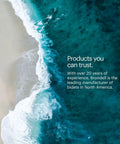 Aerial view of ocean waves meeting the beach with text overlay stating trust and Brondell's bidet expertise.