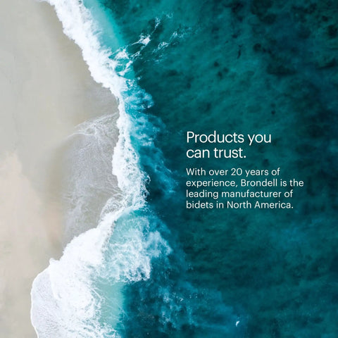 Aerial view of ocean waves meeting the beach with text overlay stating trust and Brondell's bidet expertise.