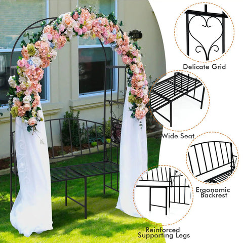 81 Inch Garden Arch With Bench Outdoor Arbor Trellis For Climbing Plants And Vines Two Seat Bench Supports Up To 660 Lbs shown with flowers and diagrams