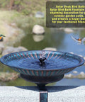 Deck Mounted Bird Bath With Solar Fountain, Weatherproof Metal Bubbler on rail, blue finish, birds nearby, outdoor setting