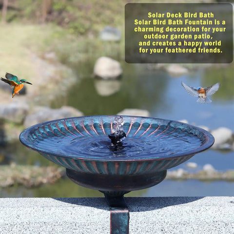 Deck Mounted Bird Bath With Solar Fountain, Weatherproof Metal Bubbler on rail, blue finish, birds nearby, outdoor setting