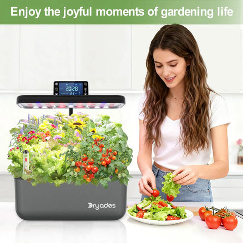 Woman using All In One Hydroponics Growing System Kit With Seeds Featuring 12 Pods Indoor Herb Garden And LED Grow Light