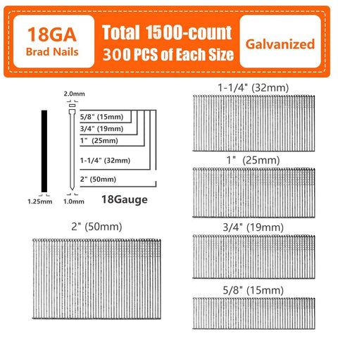 Built Tough 18 Gauge Brad Nails In A 1500 Count Bulk Set Featuring Rust Resistant Galvanized Steel Cores displayed with length specifications.
