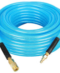 Heavy Duty Reinforced Polyurethane Air Hose 3 8 Inner Diameter 100 Feet Long Flexible Heavy Gauge Tube For Air Compressor Tools With Bend Restrictor 1 4 Swivel Quick Coupler And Plug Kit Badass Garage Shop Tool Item In Blue Color Set, coiled with fittings