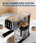 Top Shelf 20 Bar Espresso Machine With Bright Touch Panel For Six One Touch Drinks And Smooth Milk Frother Compact Brewer, showing dual power system with controls.