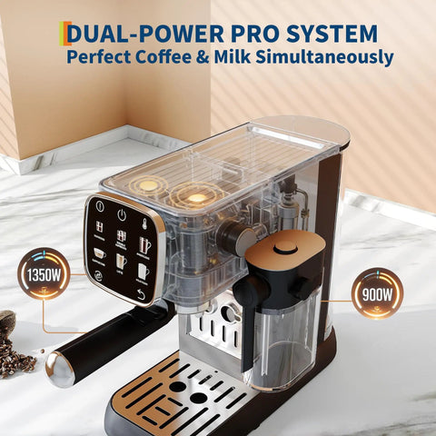 Top Shelf 20 Bar Espresso Machine With Bright Touch Panel For Six One Touch Drinks And Smooth Milk Frother Compact Brewer, showing dual power system with controls.