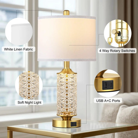 Set Of 2 Dope Gold Table Lamps With USB A And C Ports And Built In Night Light Top Table Lamp Plus Bottom Night Light