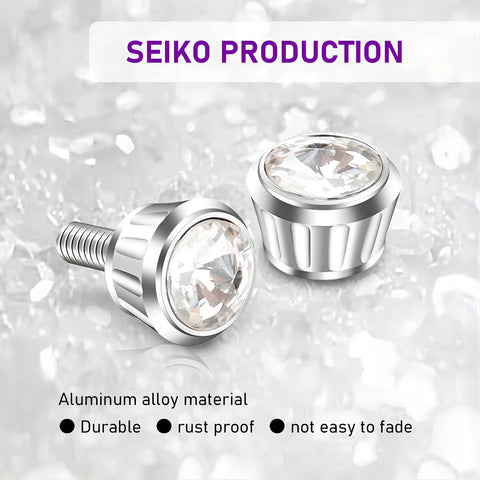 Fresh Bling Crystal Rhinestone License Plate Screws Pack of Four Anti Theft Fastener Kit With Slick Aluminum Alloy Decorative Bolts close-up view.