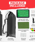 Package contents for 10x7ft Heavy Duty Golf Hitting Net With Swing Path Mat And Turf Insert, including mat, foam balls, and stakes.