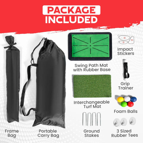 Package contents for 10x7ft Heavy Duty Golf Hitting Net With Swing Path Mat And Turf Insert, including mat, foam balls, and stakes.