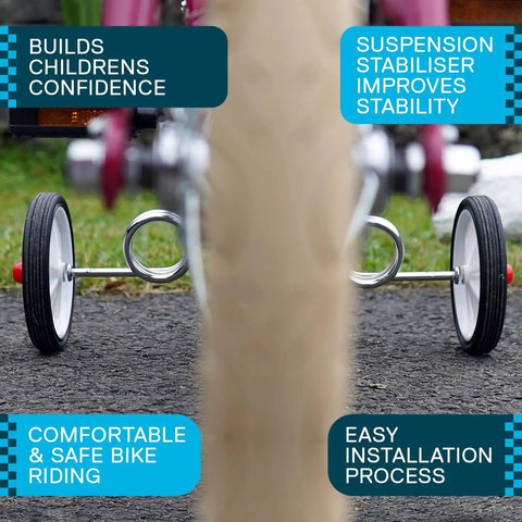 Rear view of Adie Ez Trainer Suspension Stabilizers for Kids Bikes 12 14 16 Inch Wheels White, on a bike showing stability.