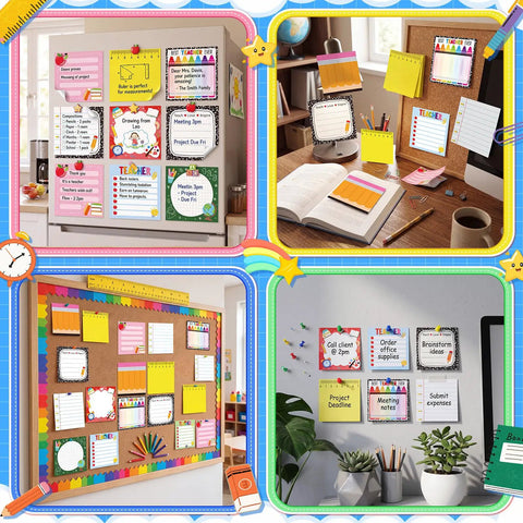 Back To School Sticky Notes Set Of Nine Pads Fifty Sheets Each Cute Teacher Notepads displayed in classroom and office settings.