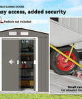 9x6 Outdoor Metal Storage Shed With Foundation Kit, visible double lockable doors, air vents, security features emphasized