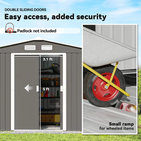 9x6 Outdoor Metal Storage Shed With Foundation Kit, visible double lockable doors, air vents, security features emphasized