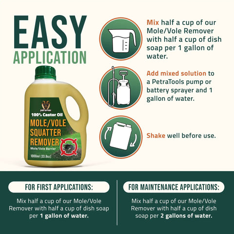 Castor Oil Mole And Vole Repellent For Lawns And Gardens, Safe Outdoor Deterrent, 33.8 Fl Oz bottle with application instructions