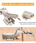 Two Pack Professional Grade Frameless Soft Close Inset Cabinet Hinges With Clip On Mount Speed Adjustable 3 To 8 Seconds 4D Adjustment Concealed European Hinges For Frameless Kitchen Cabinets, showcasing hinge installation and quick-release feature.