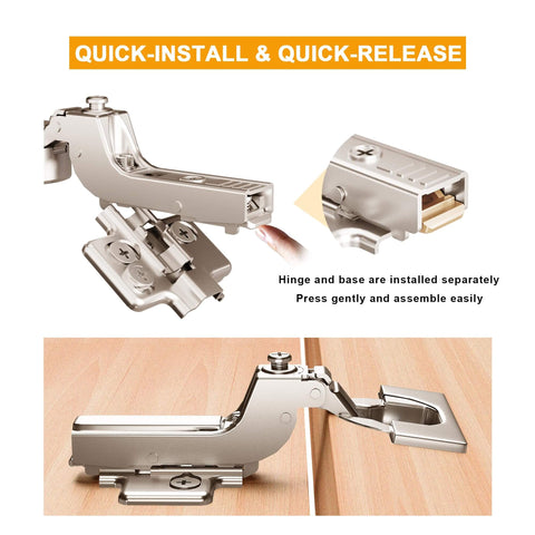 Two Pack Professional Grade Frameless Soft Close Inset Cabinet Hinges With Clip On Mount Speed Adjustable 3 To 8 Seconds 4D Adjustment Concealed European Hinges For Frameless Kitchen Cabinets, showcasing hinge installation and quick-release feature.