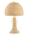 Bohemian Rustic 22 Inch LED Table Lamp With Natural Rattan Shade And Brass Gold Finish, Farmhouse Coastal Nightstand Light, front view