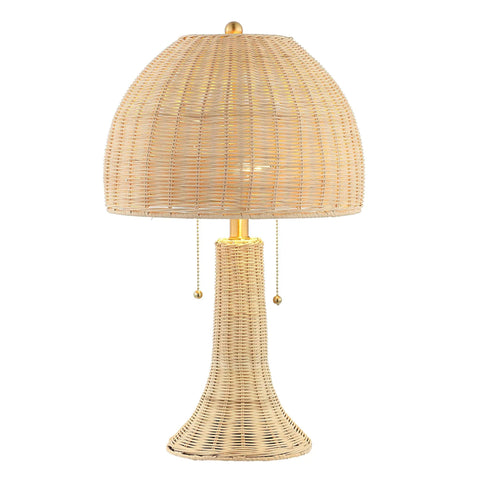 Bohemian Rustic 22 Inch LED Table Lamp With Natural Rattan Shade And Brass Gold Finish, Farmhouse Coastal Nightstand Light, front view